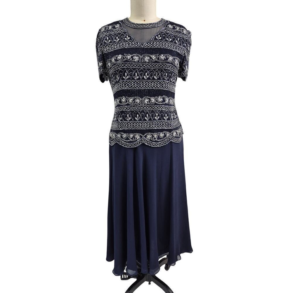 Papell Boutique Evening Navy Blue Silk Gown Beaded Sz 10 Mother of Bride
